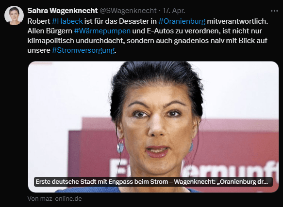 Wagenknechts Beitrag ist besonders inkompetent, daher weigere ich mich, diesen hier in den ALT-Text reinzuschreiben. Nein, E-Autos wurden nicht vorgeschrieben. Nein, Wärmepumpen wurden nicht verordnet.