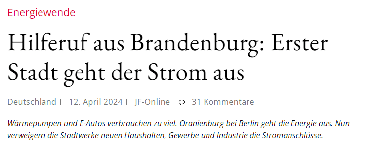 Hilferuf aus Brandenburg: Erster Stadt geht der Strom aus - Überschrift von Desinformationsplattformen