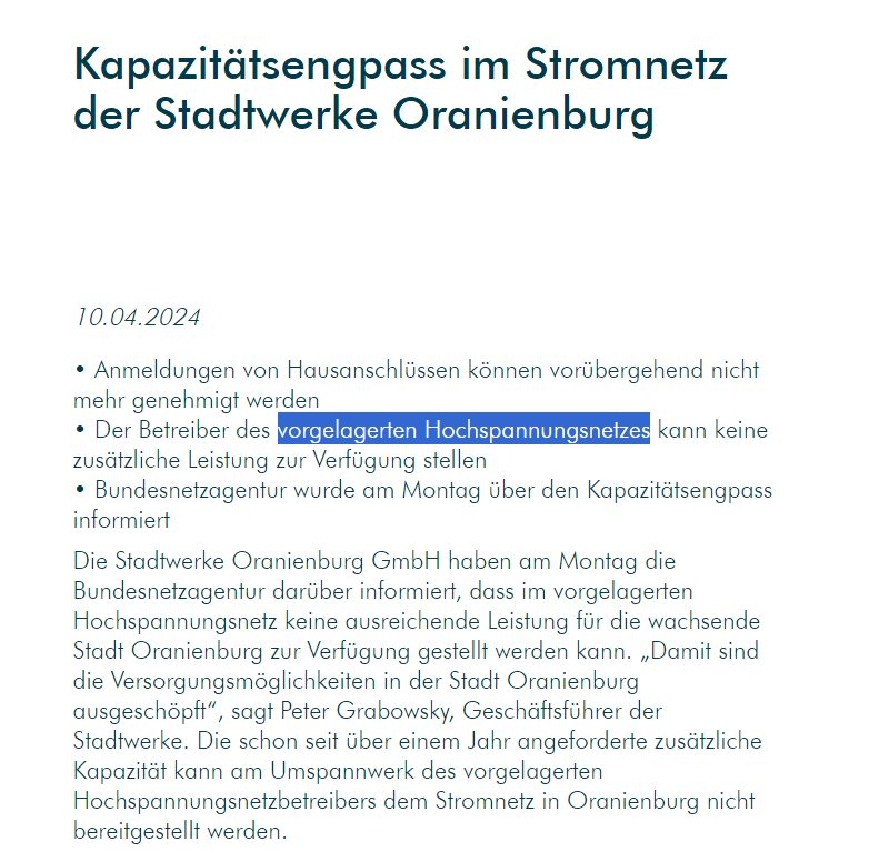 Kapazitätsengpass im Stromnetz der Stadtwerke Oranienburg