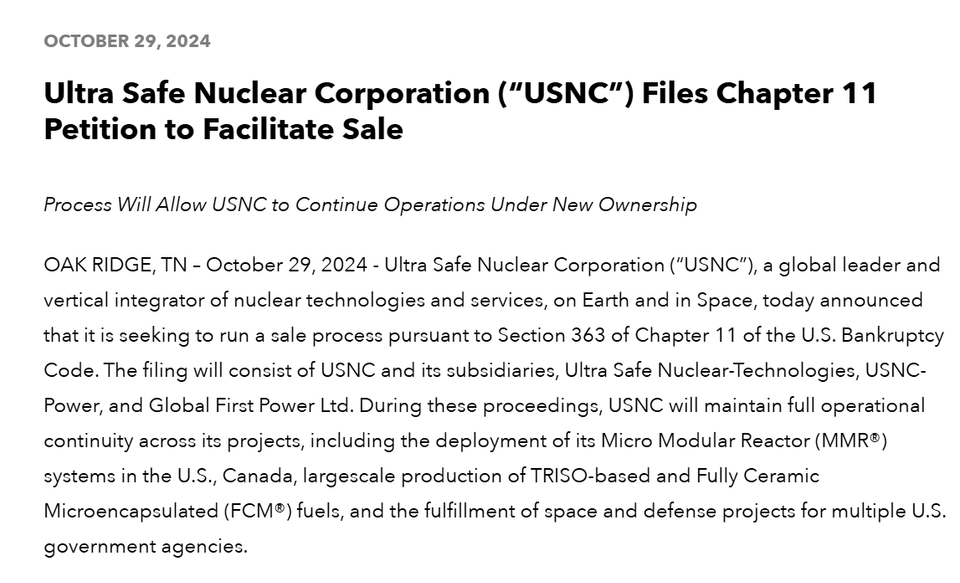 Ultra Safe Nuclear Corporation (“USNC”) Files Chapter 11 Petition to Facilitate Sale (Insolvenz)