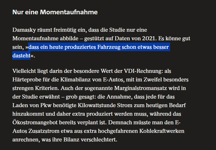 Damasky räumt freimütig ein, dass die Studie nur eine Momentaufnahme abbilde – gestützt auf Daten von 2021. Es könne gut sein, »dass ein heute produziertes Fahrzeug schon etwas besser dasteht«.