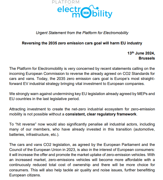 Urgent Statement from the Platform for Electromobility - Reversing the 2035 zero emission cars goal will harm EU industry