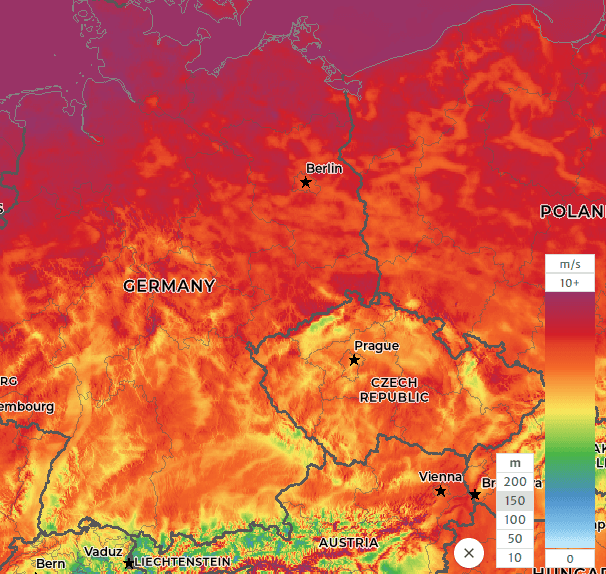 Windgeschwindigkeit Karte bei 150 Meter Höhe