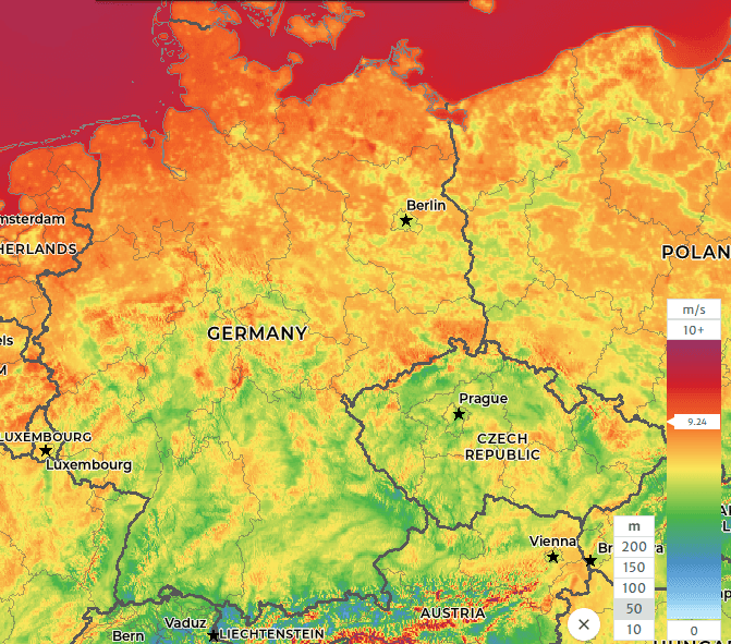 Windgeschwindigkeit Karte bei 50 Meter Höhe