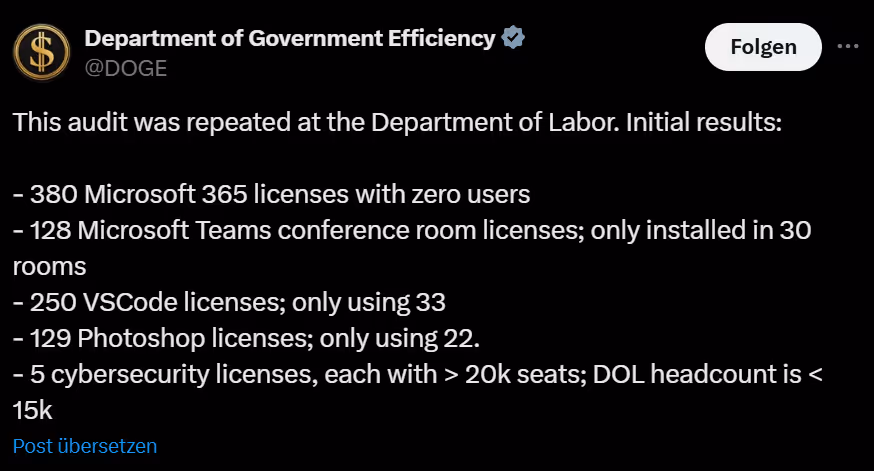 This audit was repeated at the Department of Labor. Initial results: - 380 Microsoft 365 licenses with zero users - 128 Microsoft Teams conference room licenses; only installed in 30 rooms - 250 VSCode licenses; only using 33 - 129 Photoshop licenses; only using 22. - 5 cybersecurity licenses, each with > 20k seats; DOL headcount is < 15k